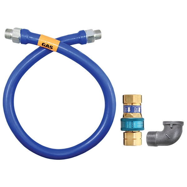 A blue Dormont gas hose with fittings and a yellow SnapFast label.