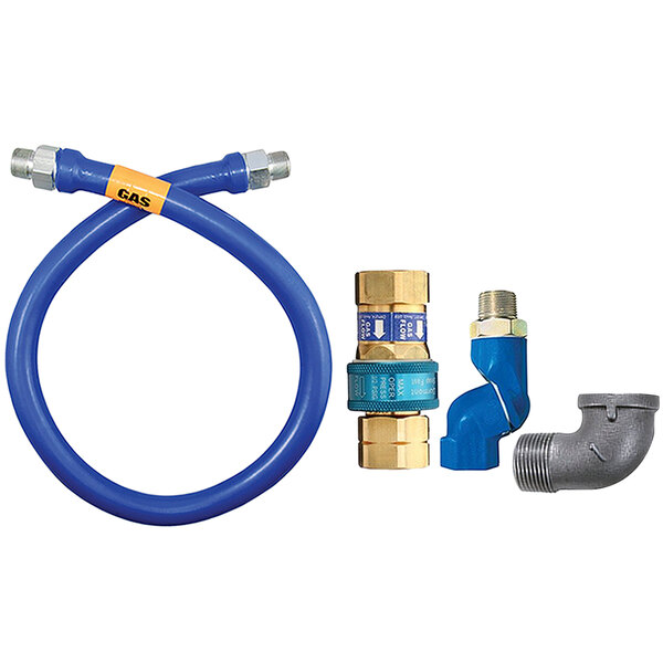 A blue Dormont gas connector hose with fittings and a swivel MAX elbow.