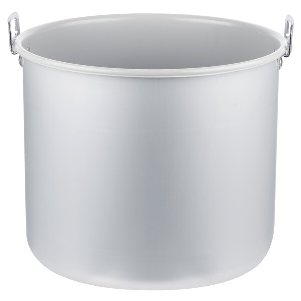 A white aluminum pot with a handle.
