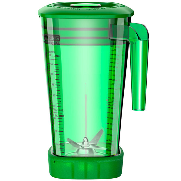 A green blender jar with a handle and lid.