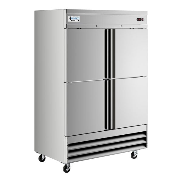 A stainless steel commercial reach-in freezer with four half doors and caster wheels.