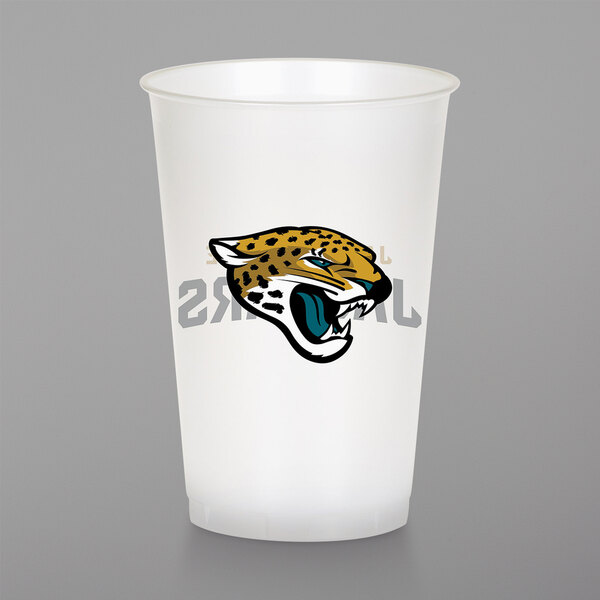 A white plastic cup with the Jacksonville Jaguars logo in teal and black.