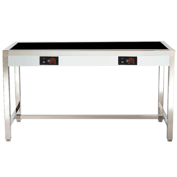 A stainless steel Bon Chef Freedom Tower table with black induction warmers.