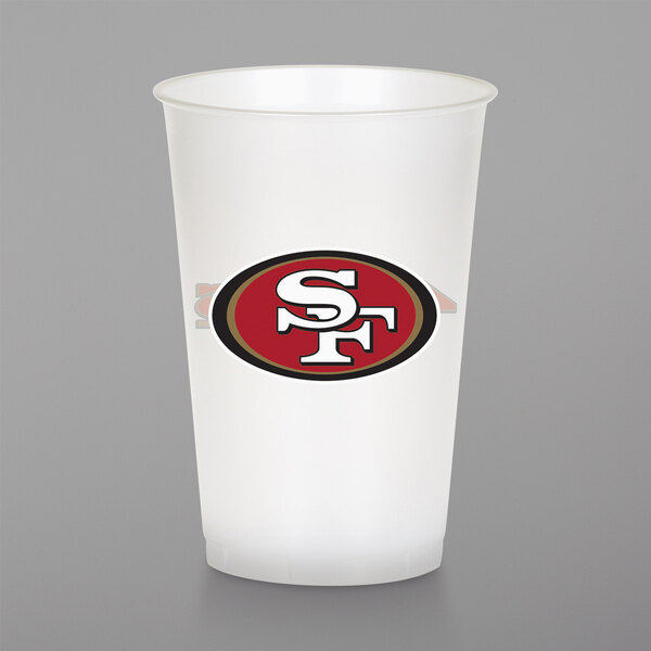 A white plastic cup with a red oval and white "S" logo for the San Francisco 49ers.
