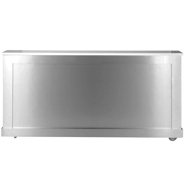 A silver rectangular stainless steel mobile liquor bar with wheels.