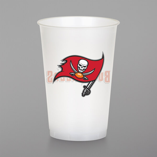 A red plastic cup with the Tampa Bay Buccaneers logo in white.
