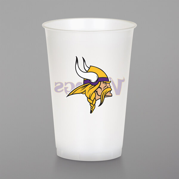 A white plastic Creative Converting cup with the Minnesota Vikings logo on it.
