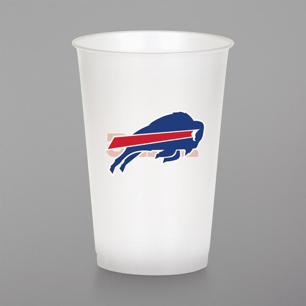 A white Creative Converting plastic cup with a blue and red buffalo logo.