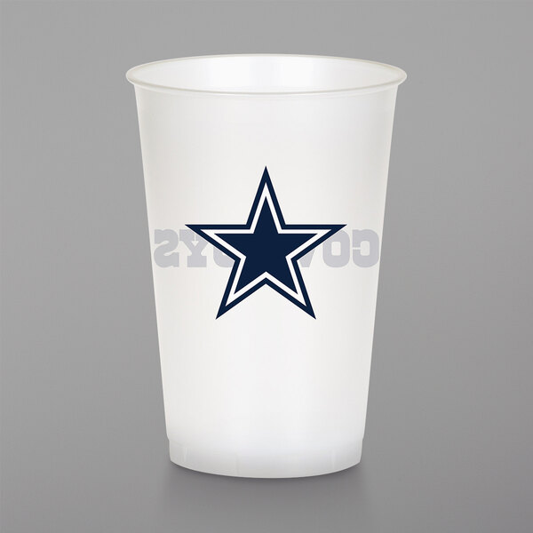 A white plastic Creative Converting Dallas Cowboys cup with a blue star on it.