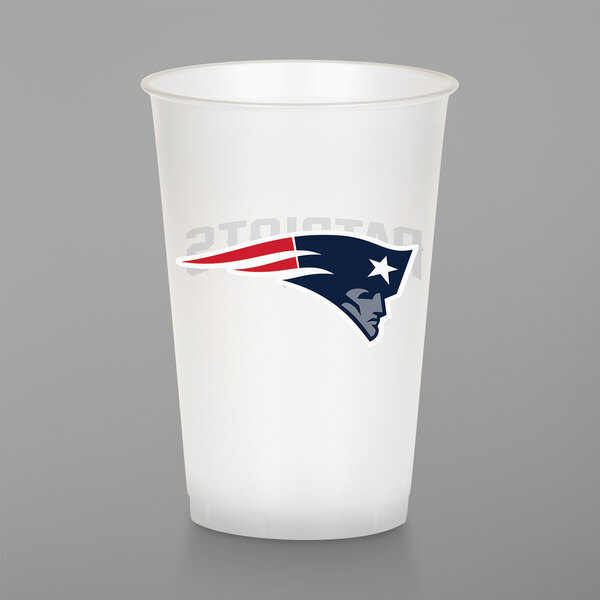 A white plastic Creative Converting New England Patriots cup with a red and blue Patriots logo.