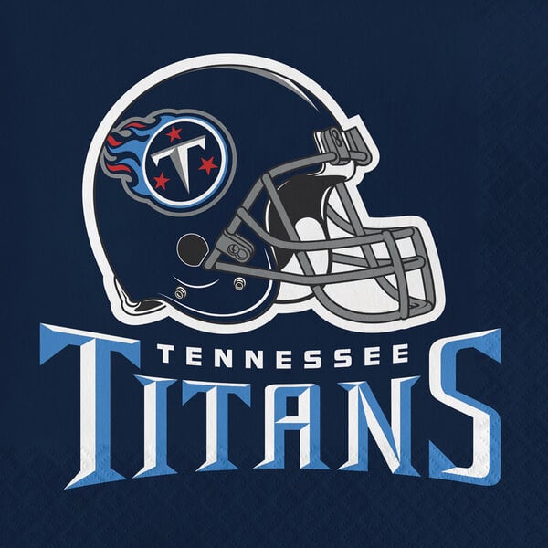 A white luncheon napkin with a blue and white Tennessee Titans logo with a helmet on it.