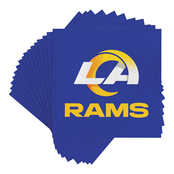 A stack of blue Los Angeles Rams luncheon napkins with the team logo on the front.