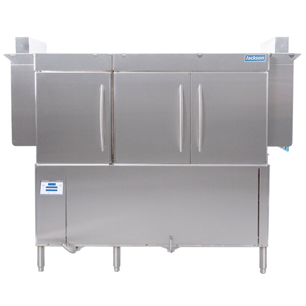 A large stainless steel cabinet with a handle on a white background.