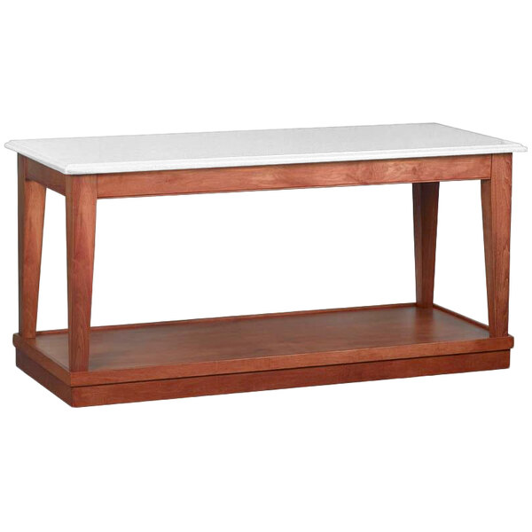 A rectangular brown and white wooden banquet table with a light cherry finish.