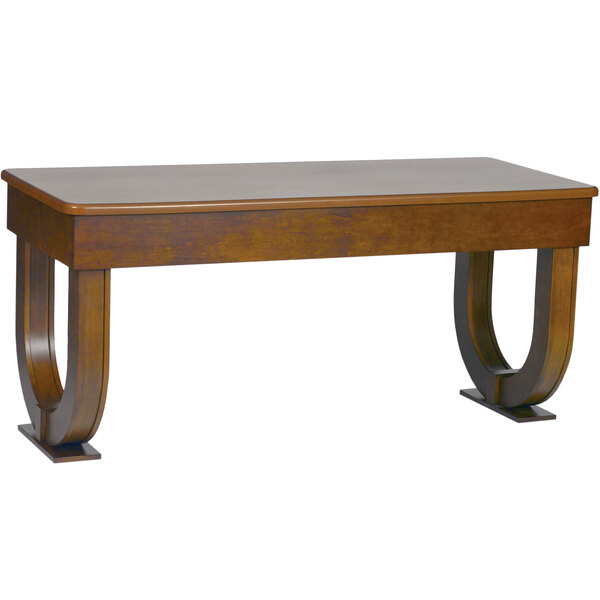 A brown wooden rectangular banquet table with a curved base.