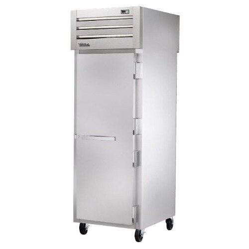 A white rectangular True heated holding cabinet with a silver handle.