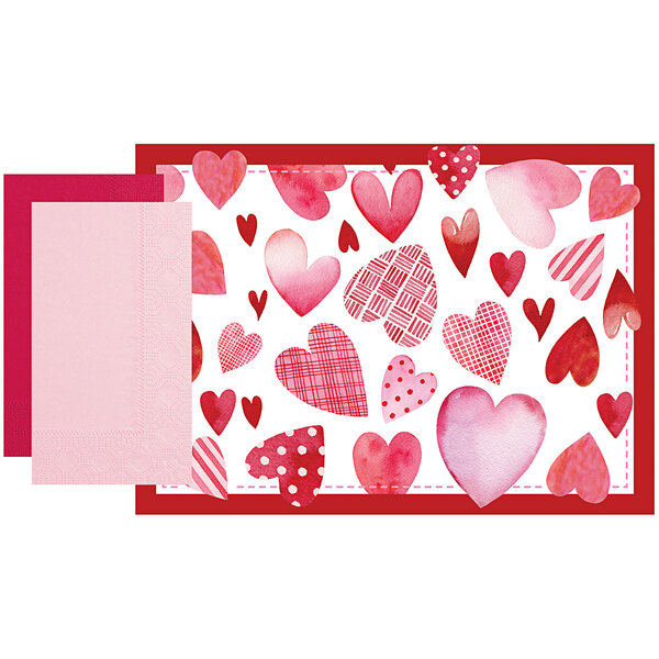 A white placemat with a pattern of pink and red hearts and lines.