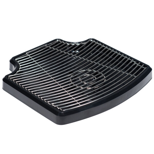 A black square drip tray with a metal grate.