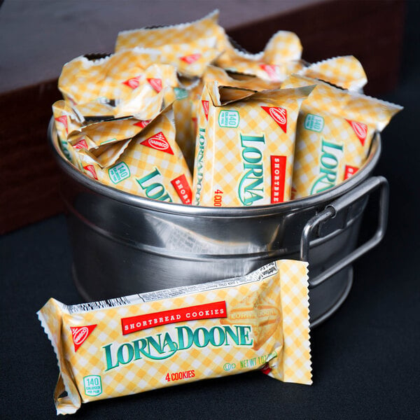 A silver bucket filled with packages of Nabisco Lorna Doone shortbread cookies.