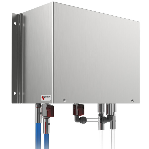 A close-up of a Micro Matic JoeTap Nitrogen Infusion Module in a metal box with blue tubes.