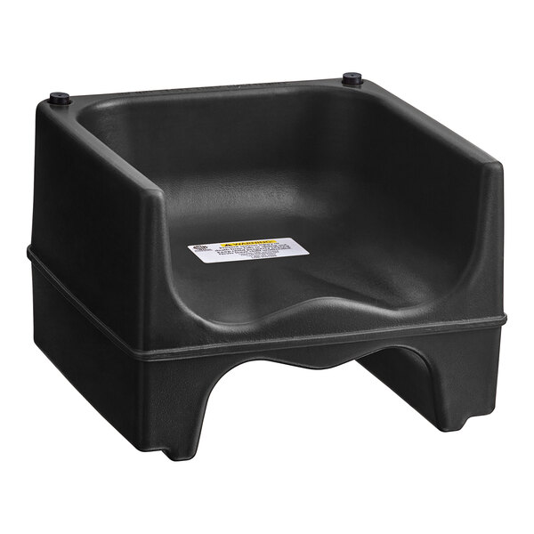 A black plastic Lancaster Table & Seating booster seat with a handle.