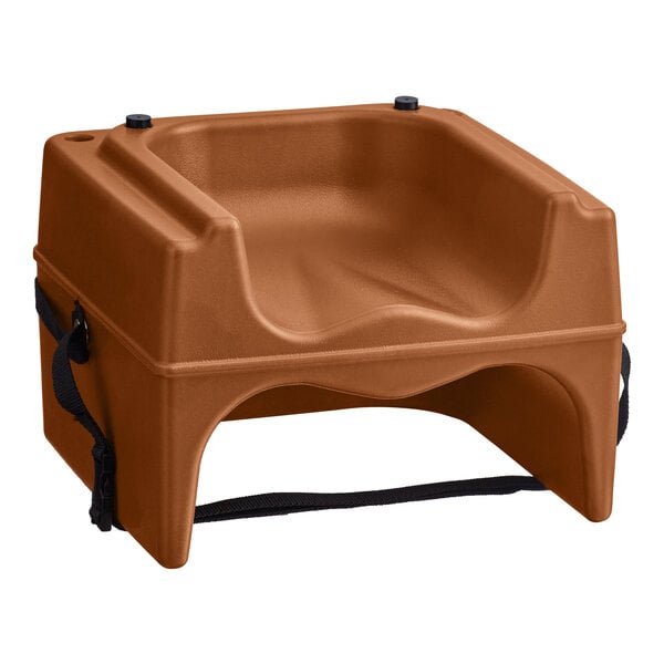 A brown plastic Lancaster Table & Seating booster seat with a black strap.