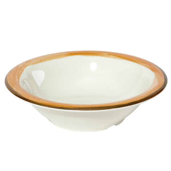 A white melamine bowl with a wide ivory rim and a Kanello orange edge.