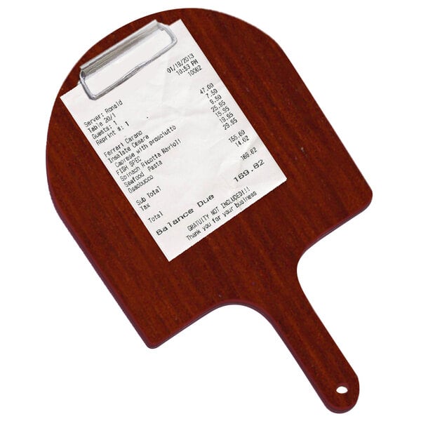 A mahogany wooden clipboard with a receipt on it.
