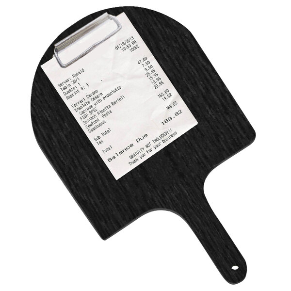 A black wooden Menu Solutions pizza peel clipboard with a paper on it.
