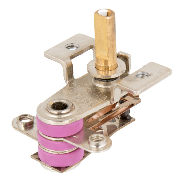 A close-up of an Avantco thermostat with a silver and pink knob.