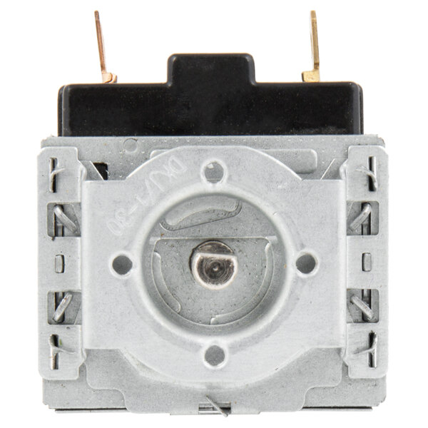 A small metal Avantco timer with a black square button.