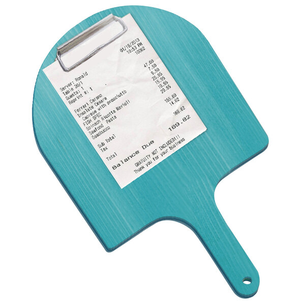 A sky blue wooden clipboard with a receipt on it.