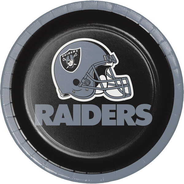 A Creative Converting paper plate with a Las Vegas Raiders helmet on it.