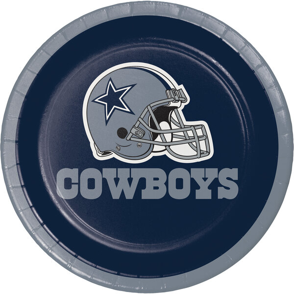 A blue and silver Creative Converting paper plate with the Dallas Cowboys helmet and text.