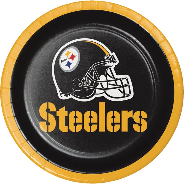 A Creative Converting paper plate with the Pittsburgh Steelers helmet logo on it.