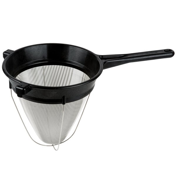 A black and silver Matfer Bourgeat Exoglass bouillon strainer with a handle.