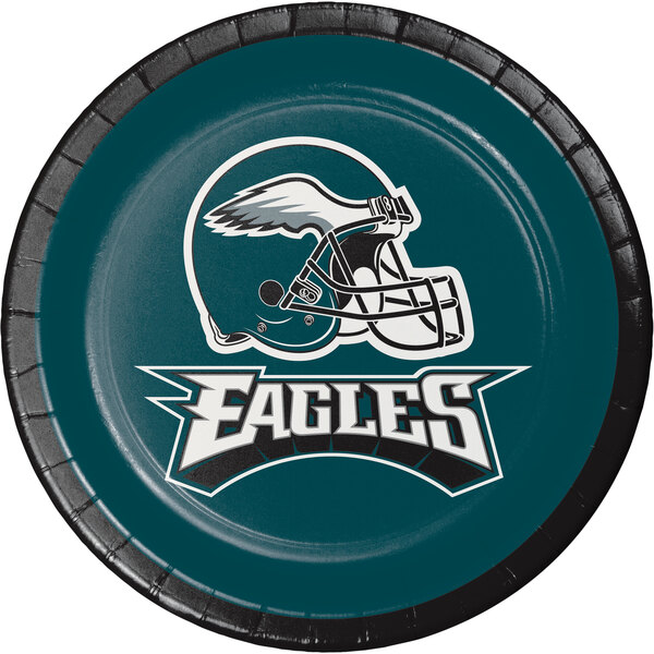 A blue and black Creative Converting Philadelphia Eagles luncheon paper plate with a logo and helmet.