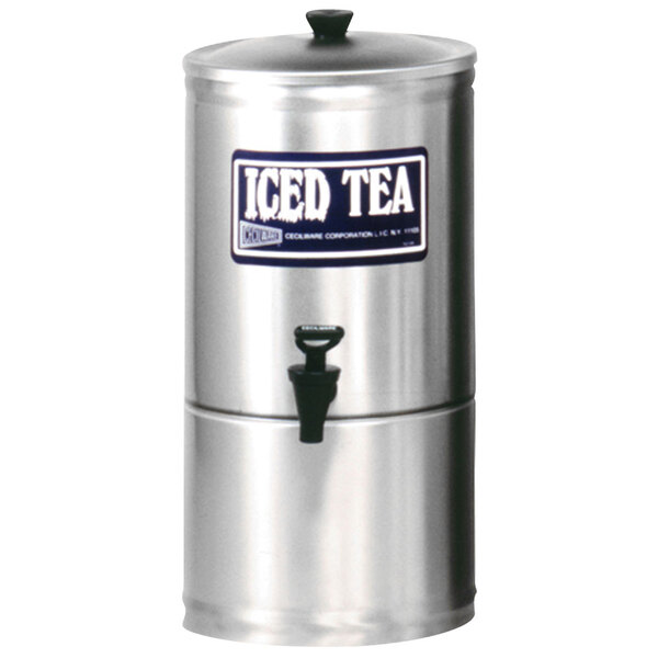 A Cecilware stainless steel iced tea dispenser with black accents.