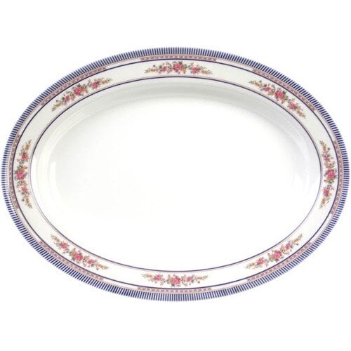 A white oval platter with blue and pink flowers.