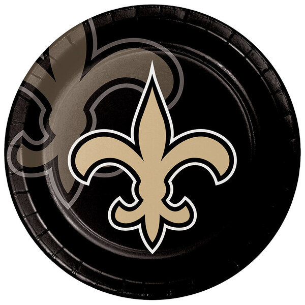 A black and gold Creative Converting paper dinner plate with a white and gold fleur-de-lis logo.