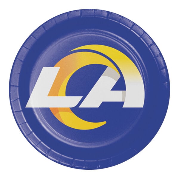 A blue paper dinner plate with the Los Angeles Rams logo in white and yellow.