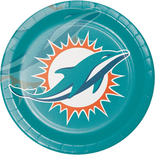 A blue paper dinner plate with the Miami Dolphins logo on it.