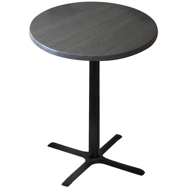 A charcoal round Holland Bar table with a black metal cross base.