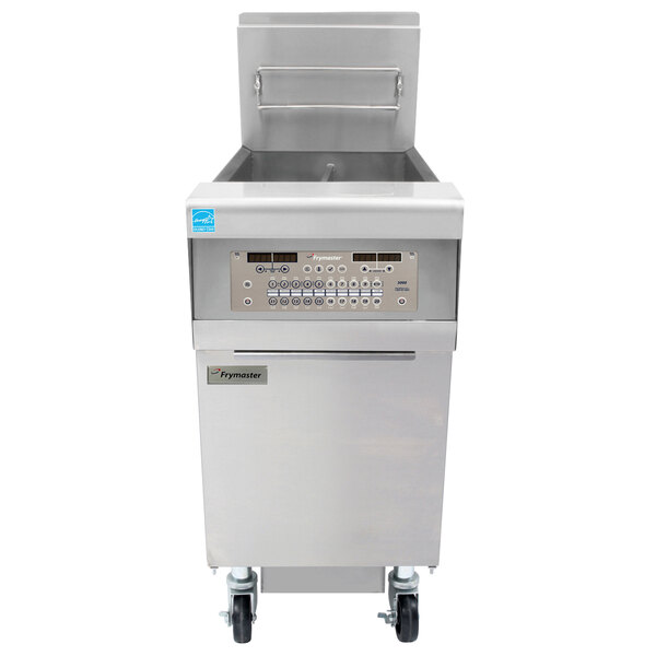 A large stainless steel Frymaster gas floor fryer with SMART4U 3000 controls.