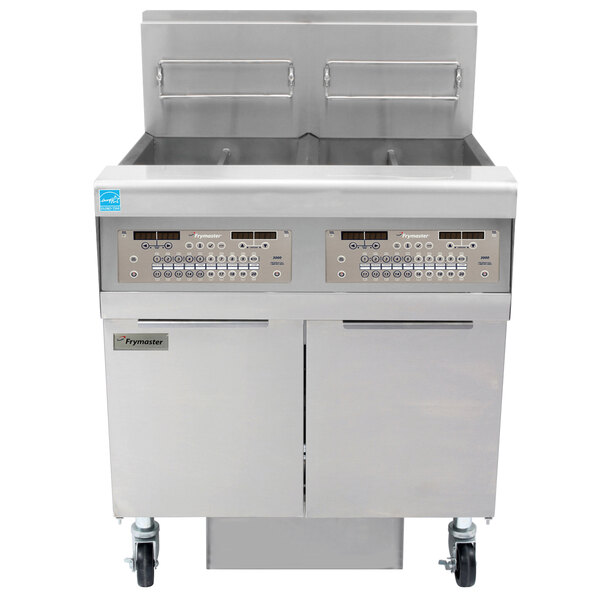 A Frymaster commercial gas floor fryer with two drawers and double doors.
