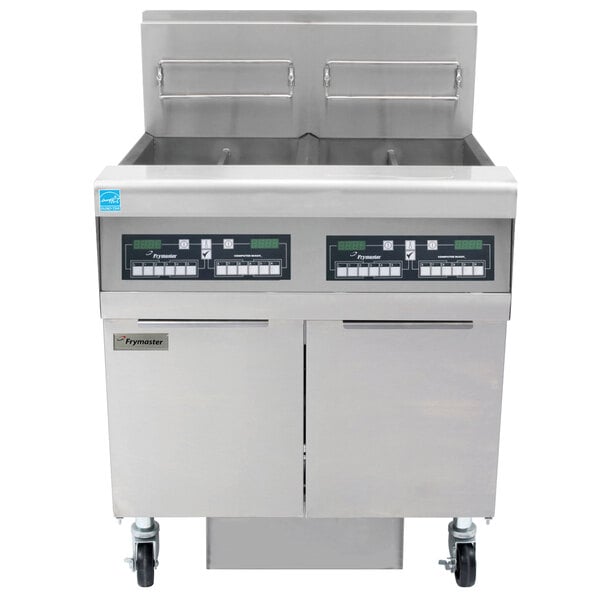 A Frymaster liquid propane gas floor fryer system with two large stainless steel baskets.