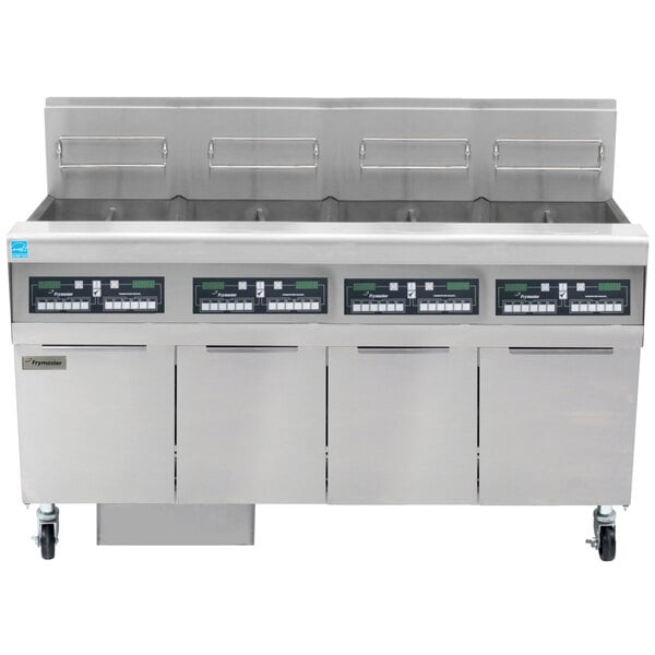 A Frymaster natural gas floor fryer system with 4 units on wheels.