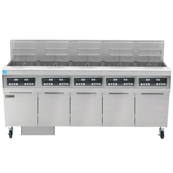 A Frymaster liquid propane gas floor fryer system with digital controls and five stainless steel fryer units.