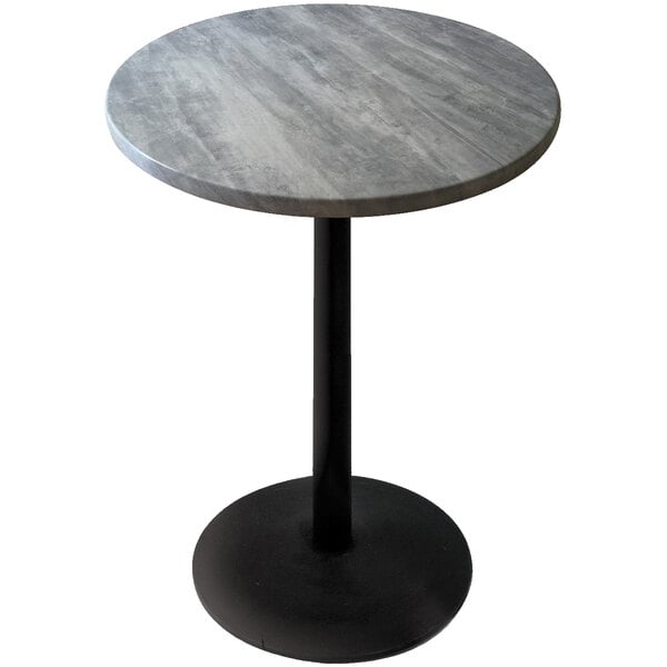 A round table with a black base and grey top.