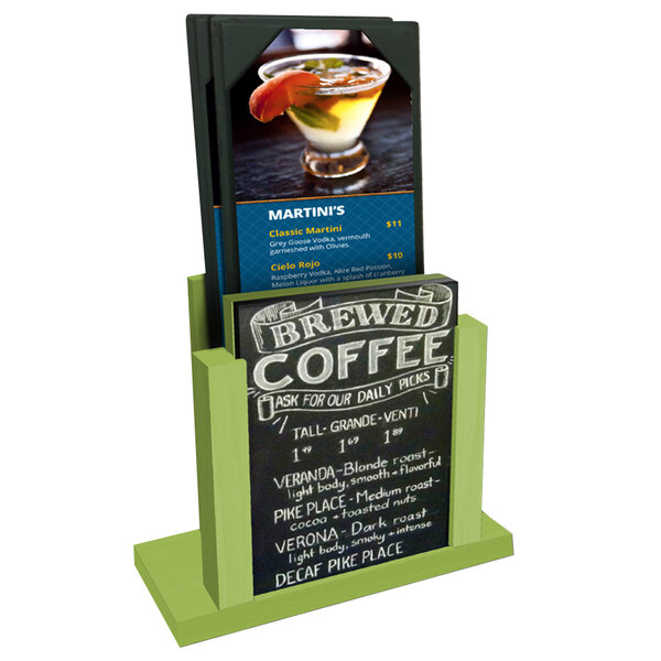 A Menu Solutions lime wood menu holder with a chalkboard insert holding a drink menu.